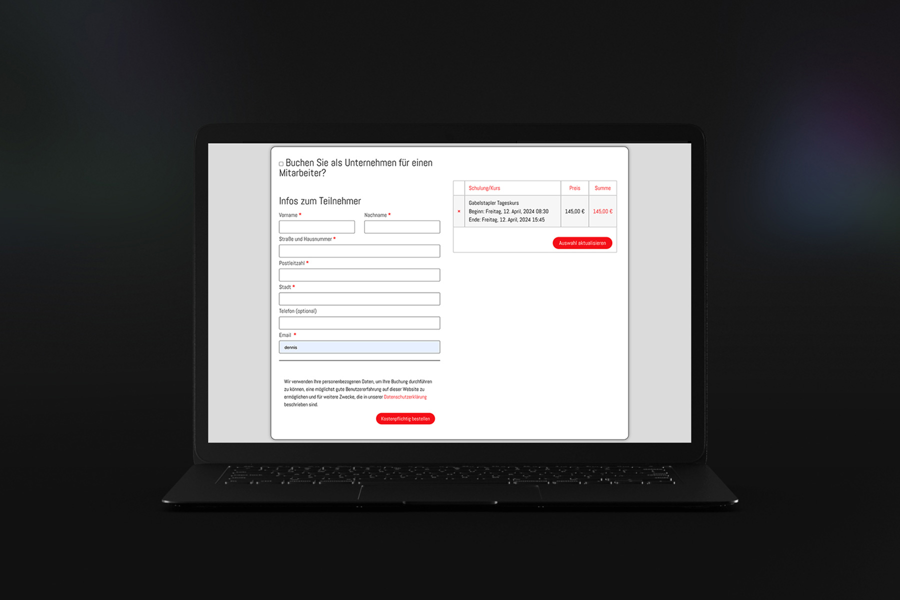 Checkout Formular eines Buchungssystems auf einer Internetseite, auf der Nutzer Ihre Daten eingeben können, um eine Schulung oder Kurs online zu buchen.
