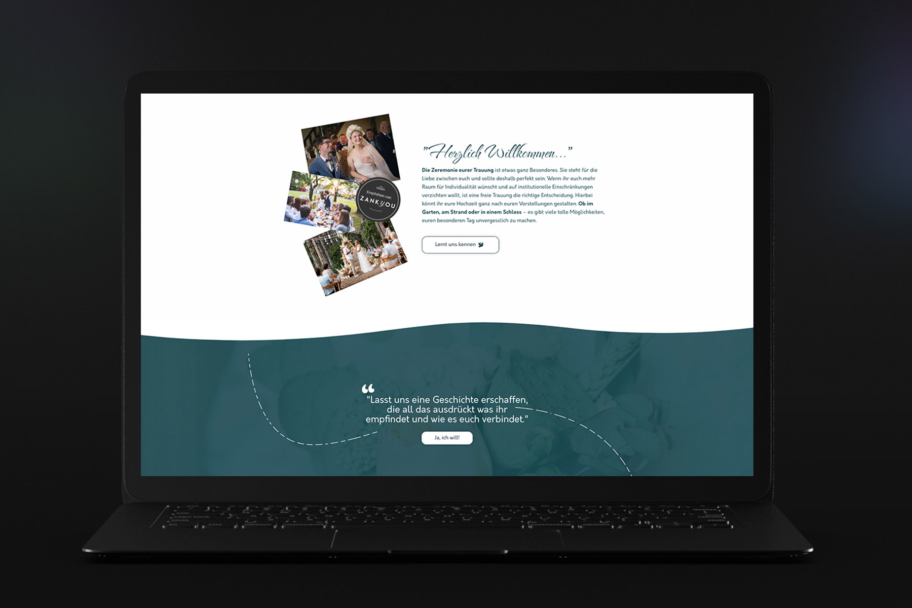 Abschnitt einer Website eines freien Redners, auf der Hochzeitsbilder und ein Text zu sehen sind. Angezeigt auf einem schwarzen Laptop.