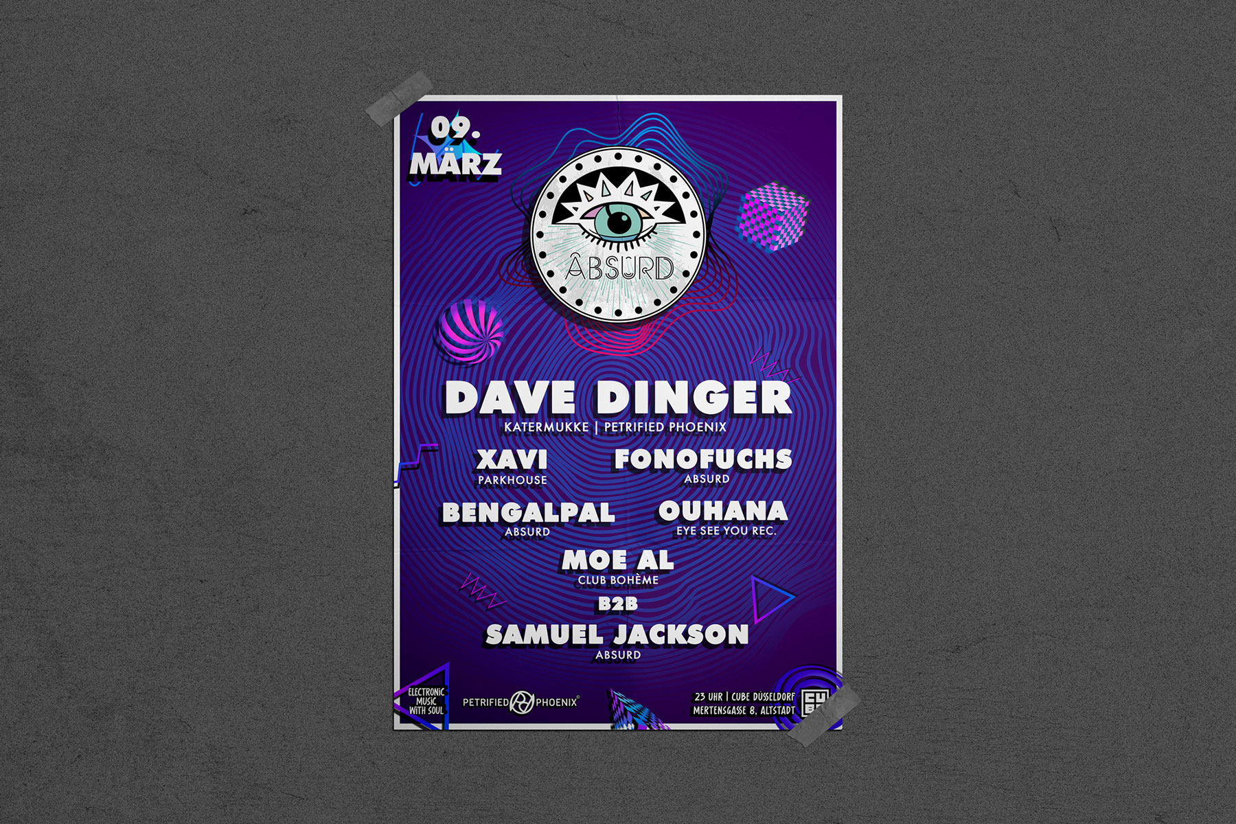 Mockup eines Plakates für eine düsseldorfer Eventreihe, das an einer grauen Wand aus Beton hängt.