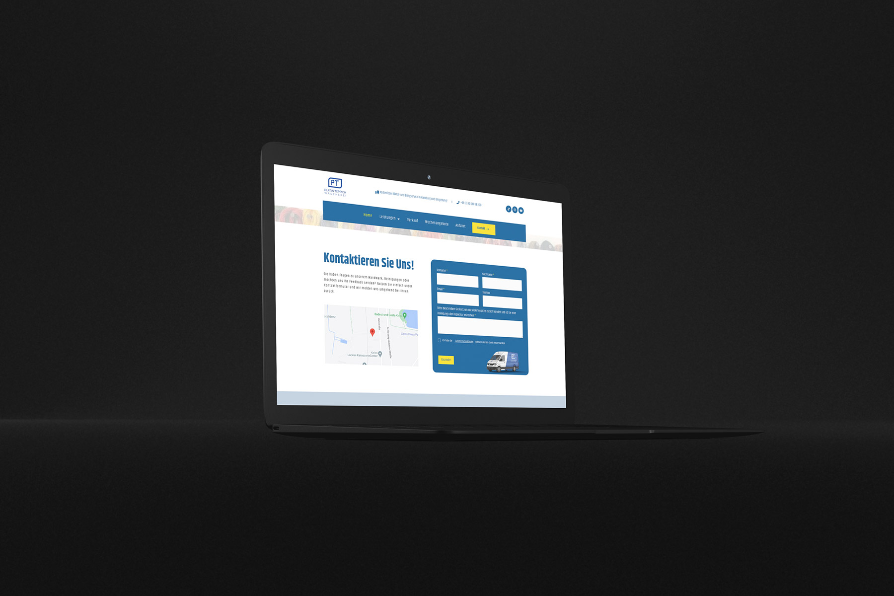 Modernes Kontaktformular auf einer Website für Teppichreinigung
